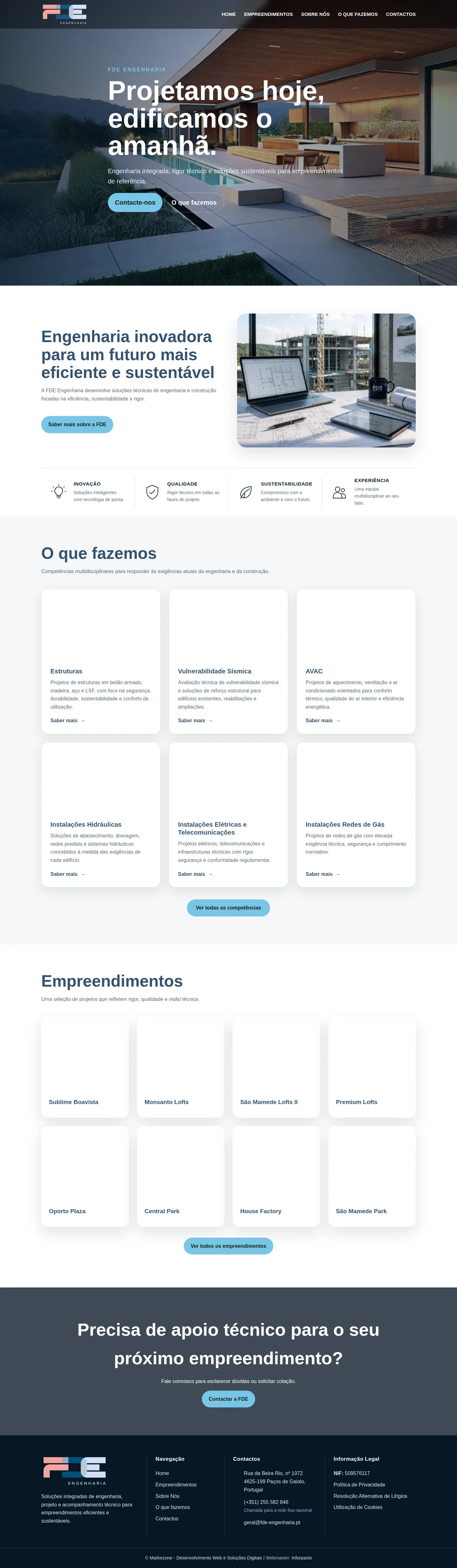 Homepage do website FDE Engenharia em computador